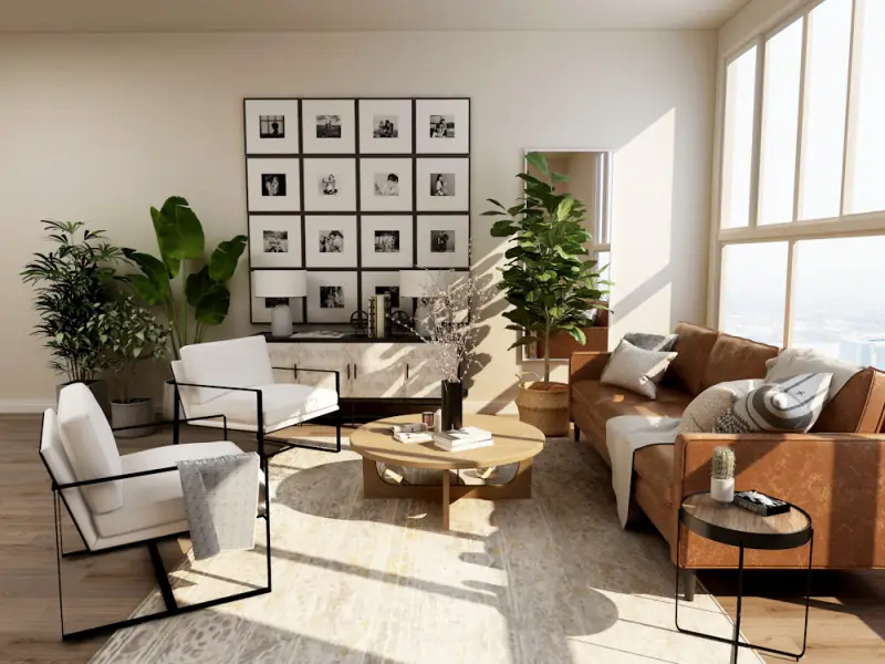 Un salón luminoso con plantas y un rincón de lectura